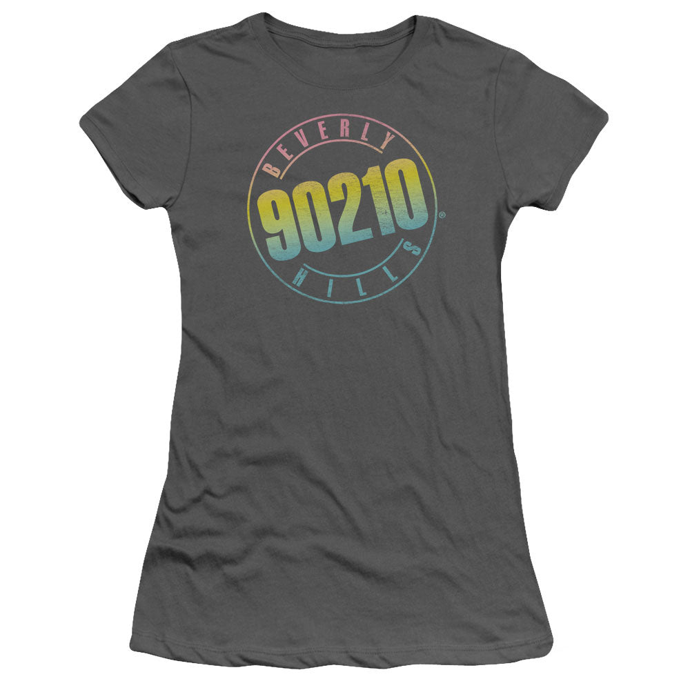 90210 Color Blend Logo Junior Sheer Cap Sleeve Womens T Shirt Charcoal