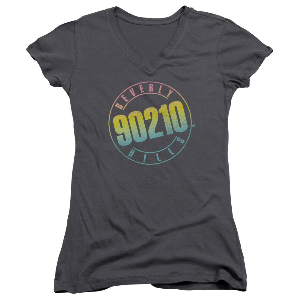 90210 Color Blend Logo Junior Sheer Cap Sleeve V-Neck Womens T Shirt Charcoal