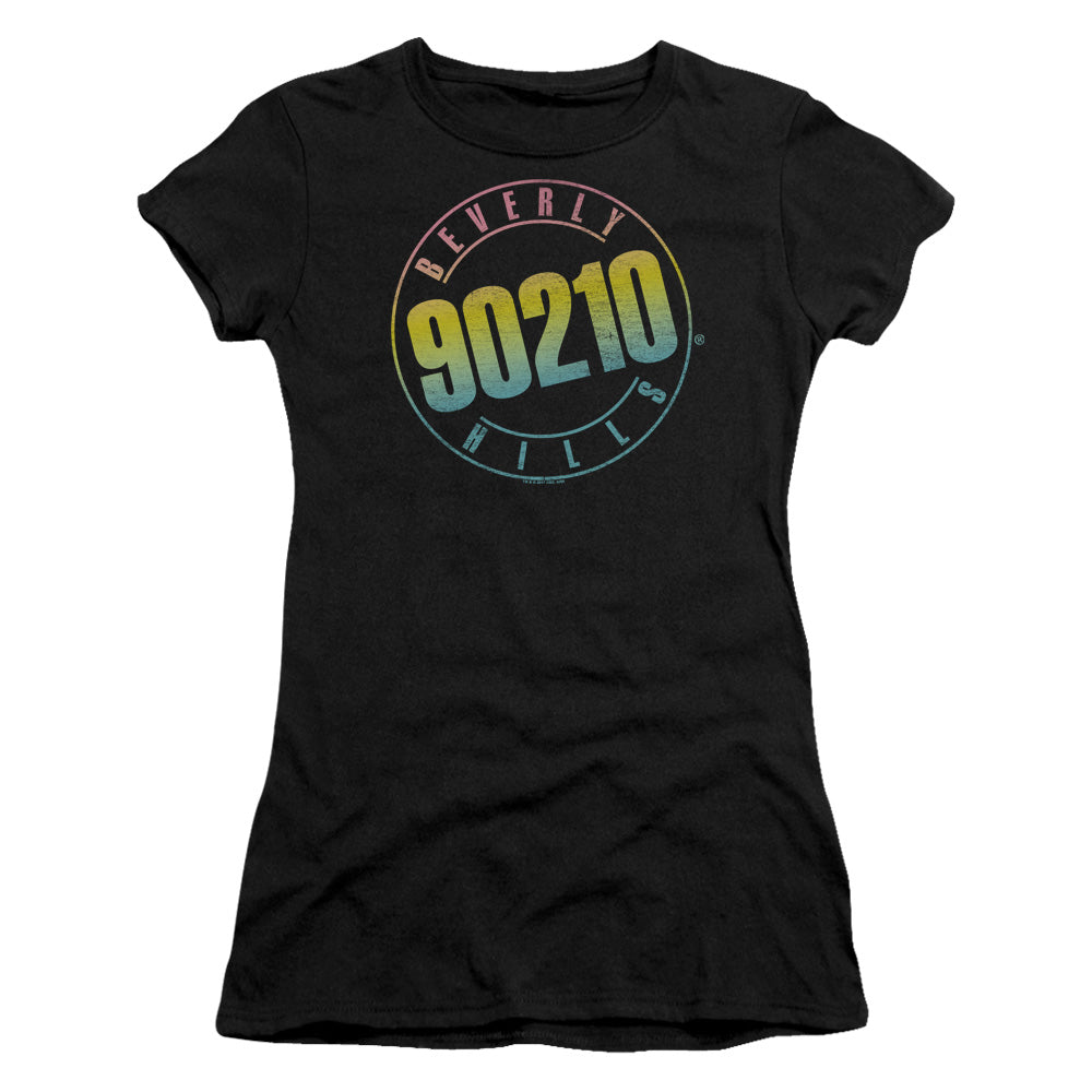 90210 Color Blend Logo Junior Sheer Cap Sleeve Womens T Shirt Black