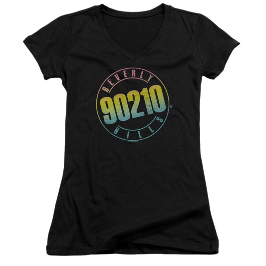 90210 Color Blend Logo Junior Sheer Cap Sleeve V-Neck Womens T Shirt Black