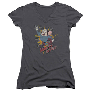 Mighty Mouse Break Through Junior Sheer Cap Sleeve V-Neck Womens T Shirt Charcoal
