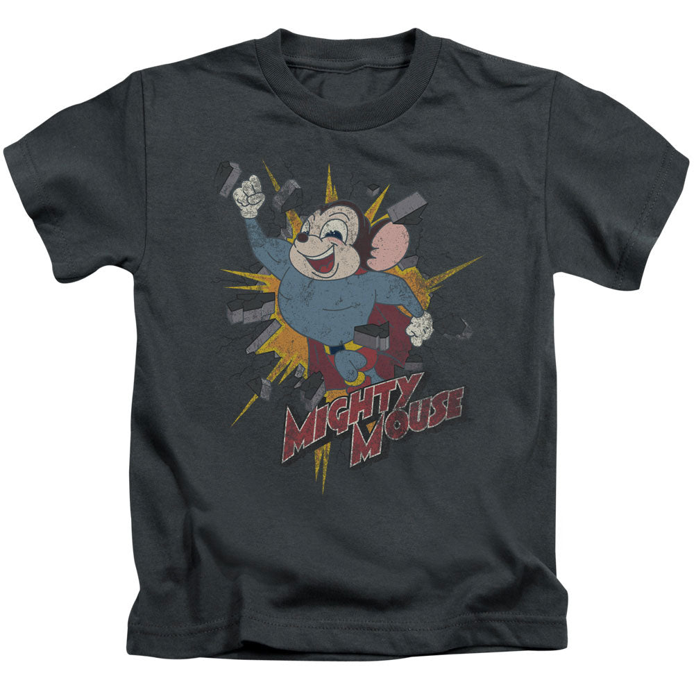 Mighty Mouse Break Through Juvenile Kids Youth T Shirt Charcoal Officially Licensed