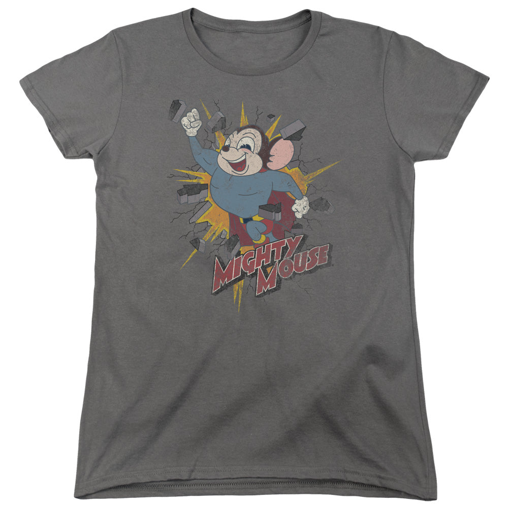 Mighty Mouse Break Through Womens T Shirt Charcoal Officially Licensed