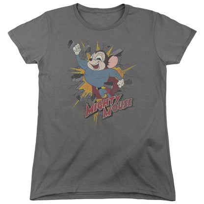 Mighty Mouse Break Through Womens T Shirt Charcoal Officially Licensed