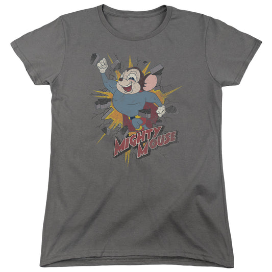 Mighty Mouse Break Through Womens T Shirt Charcoal Officially Licensed