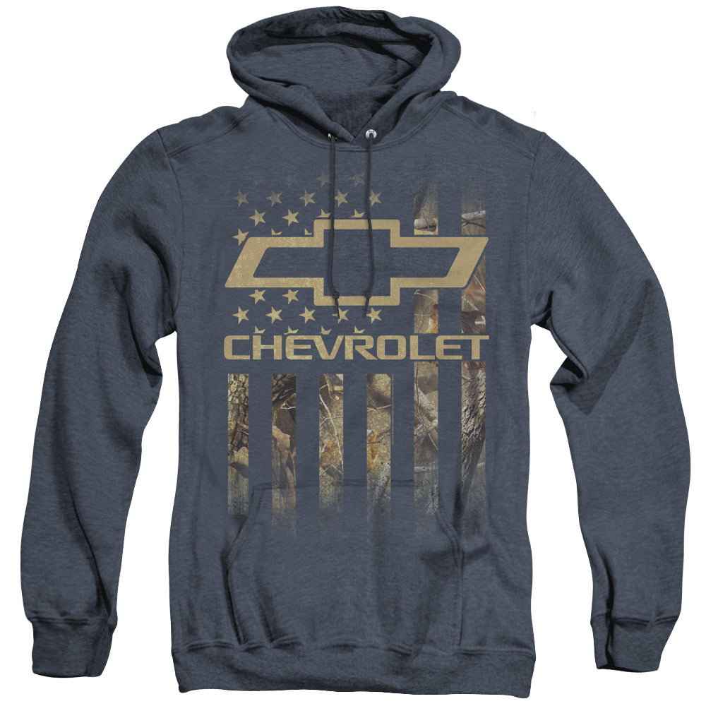 Chevrolet Camo Flag Mens Heather Hoodie Navy Officially Licensed