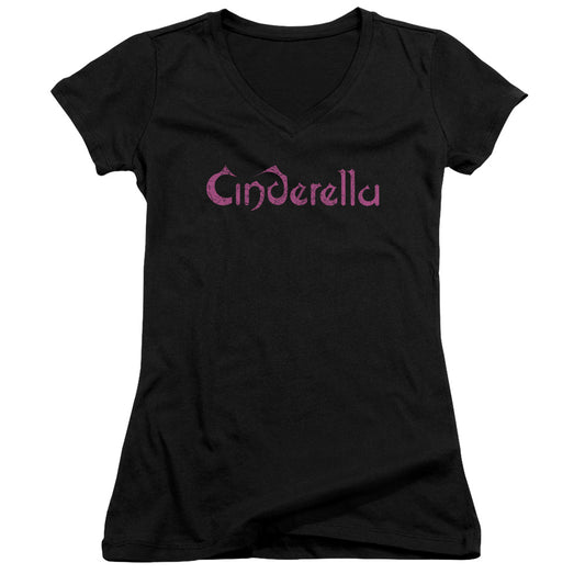 Cinderella Logo Rough Junior Sheer Cap Sleeve V-Neck Womens T Shirt Black