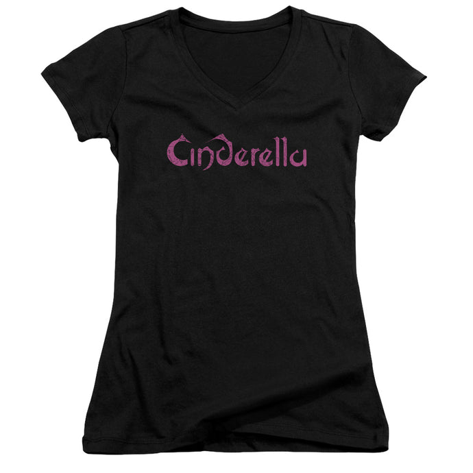 Cinderella Logo Rough Junior Sheer Cap Sleeve V-Neck Womens T Shirt Black