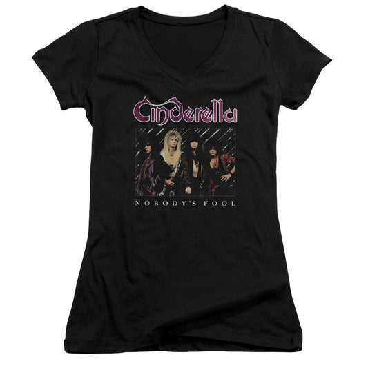 Cinderella Nobody's Fool Junior Sheer Cap Sleeve V-Neck Womens T Shirt Black