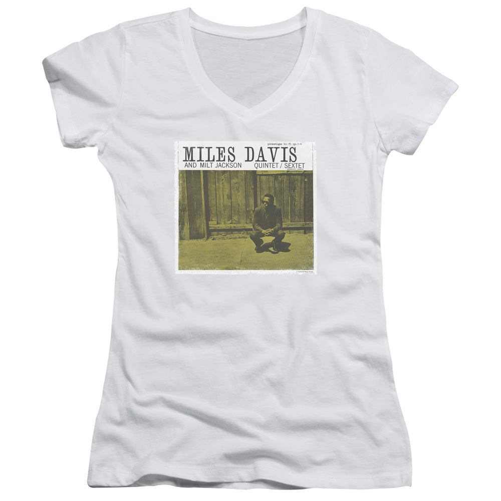 Miles Davis Miles and Milt Junior Sheer Cap Sleeve V-Neck Womens T Shirt White
