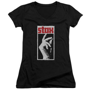 Stax Records Stax Distressed Junior Sheer Cap Sleeve V-Neck Womens T Shirt Black