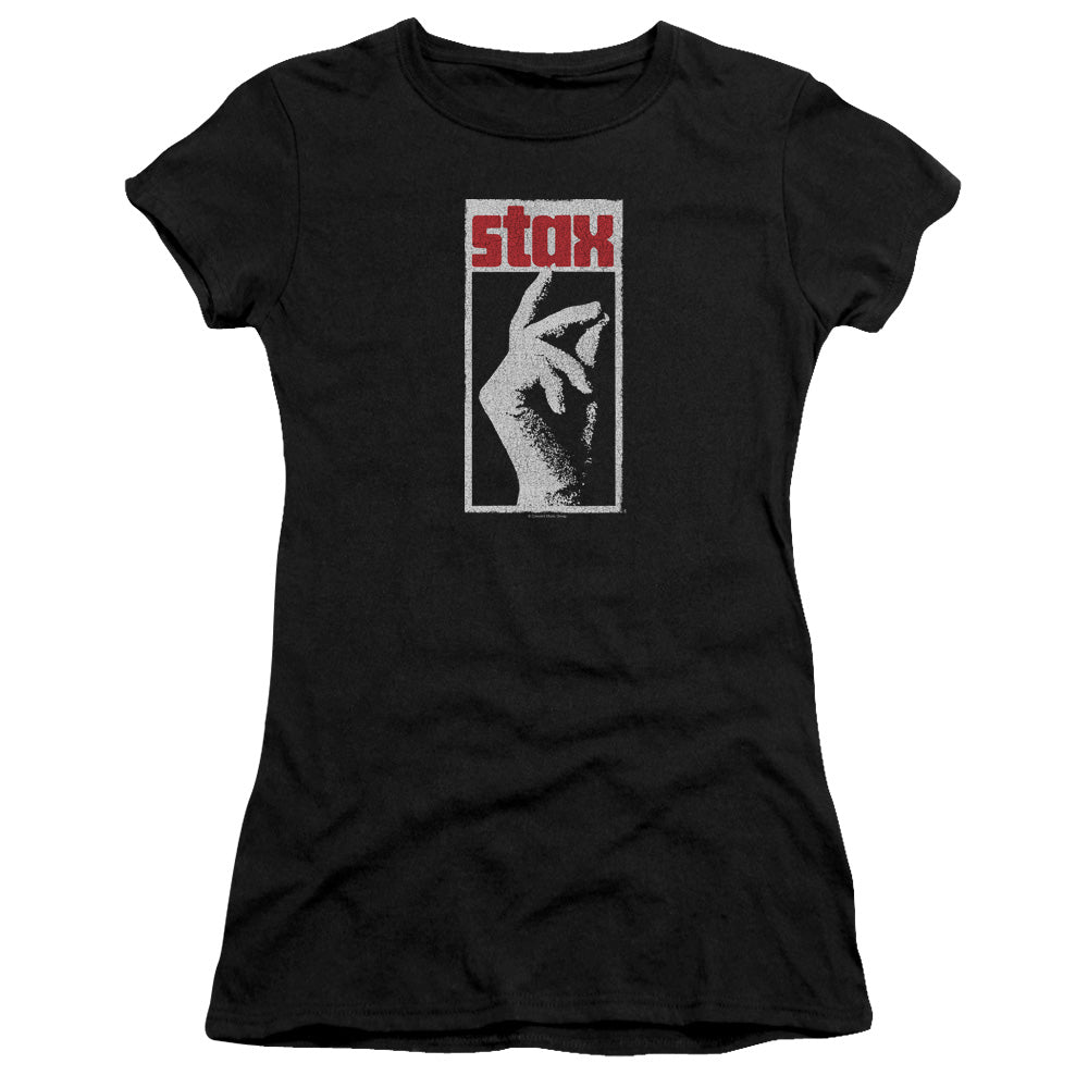 Stax Records Stax Distressed Junior Sheer Cap Sleeve Premium Bella Canvas Womens T Shirt Black