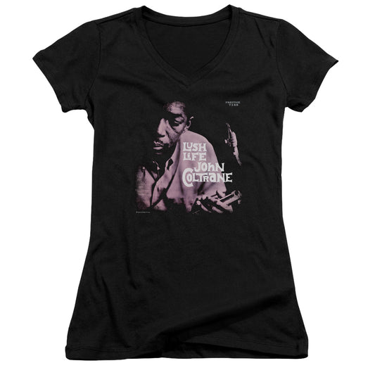 John Coltrane Lush Life Junior Sheer Cap Sleeve V-Neck Womens T Shirt Black