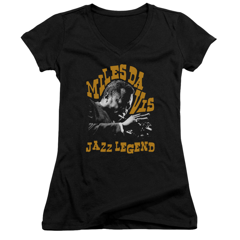 Miles Davis Jazz Legend Junior Sheer Cap Sleeve V-Neck Womens T Shirt Black