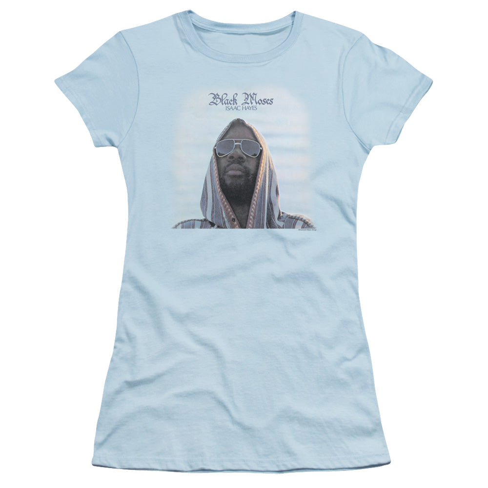 Isaac Hayes Black Moses Junior Sheer Cap Sleeve Womens T Shirt Light Blue