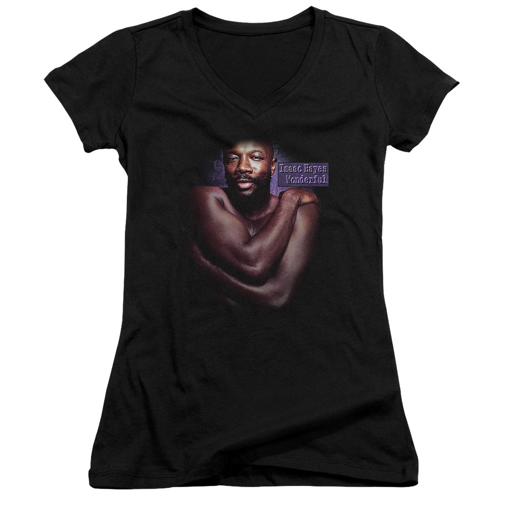 Isaac Hayes Wonderful Junior Sheer Cap Sleeve V-Neck Womens T Shirt Black