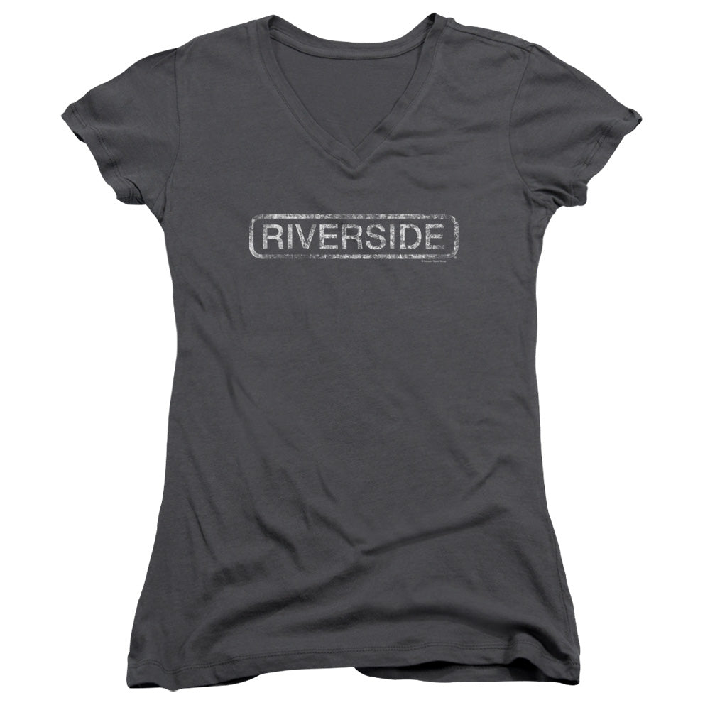 Riverside Records Riverside Distressed Junior Sheer Cap Sleeve V-Neck Womens T Shirt Charcoal