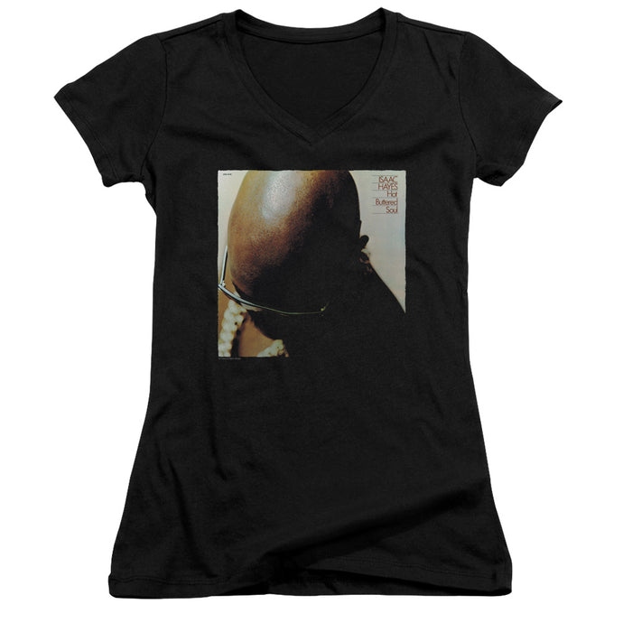 Isaac Hayes Hot Buttered Soul Junior Sheer Cap Sleeve V-Neck Womens T Shirt Black