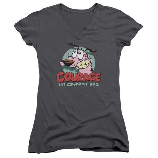 Courage the Cowardly Dog Courage Junior Sheer Cap Sleeve V Neck Womens T Shirt Charcoal