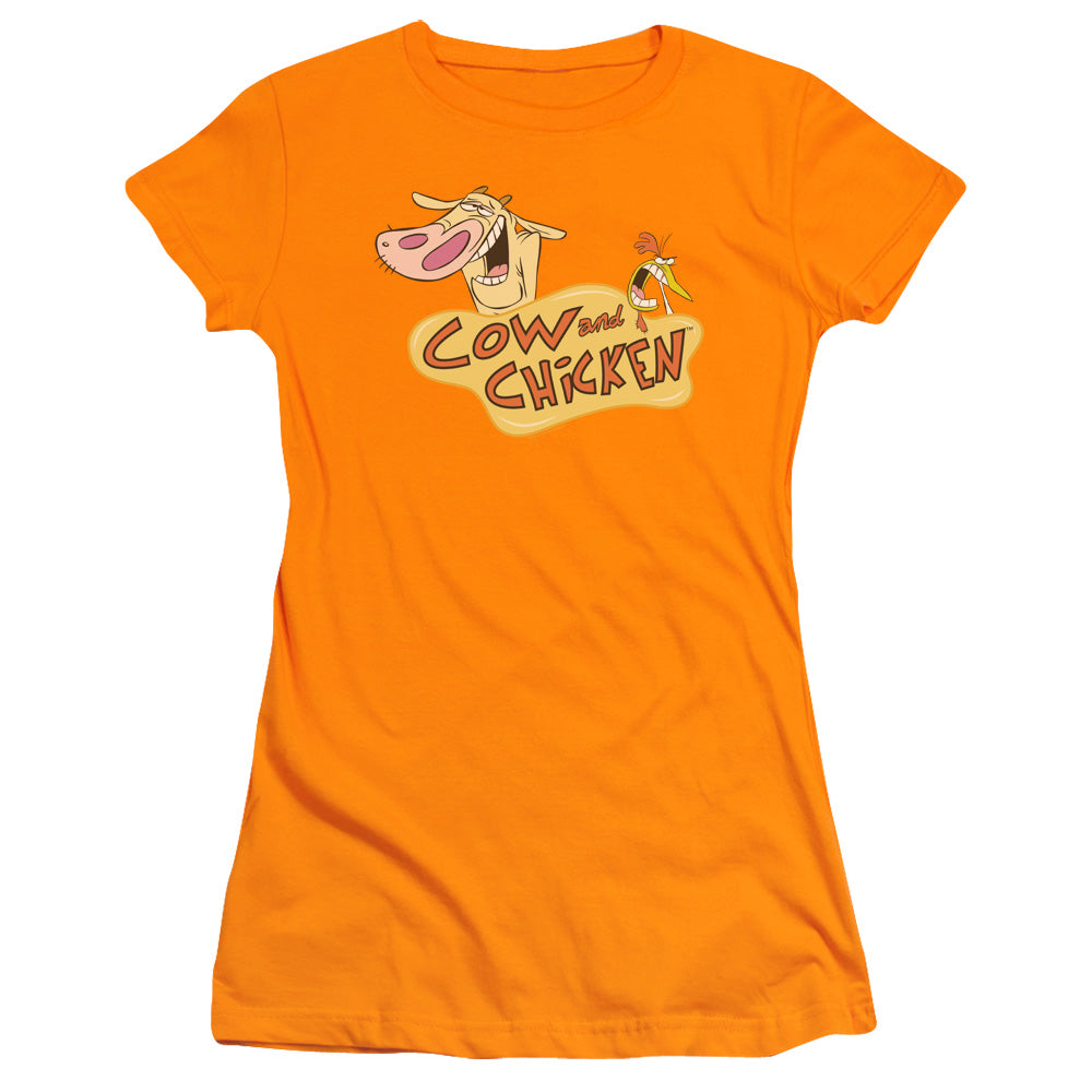 Cow & Chicken Logo Junior Sheer Cap Sleeve Womens T Shirt Orange