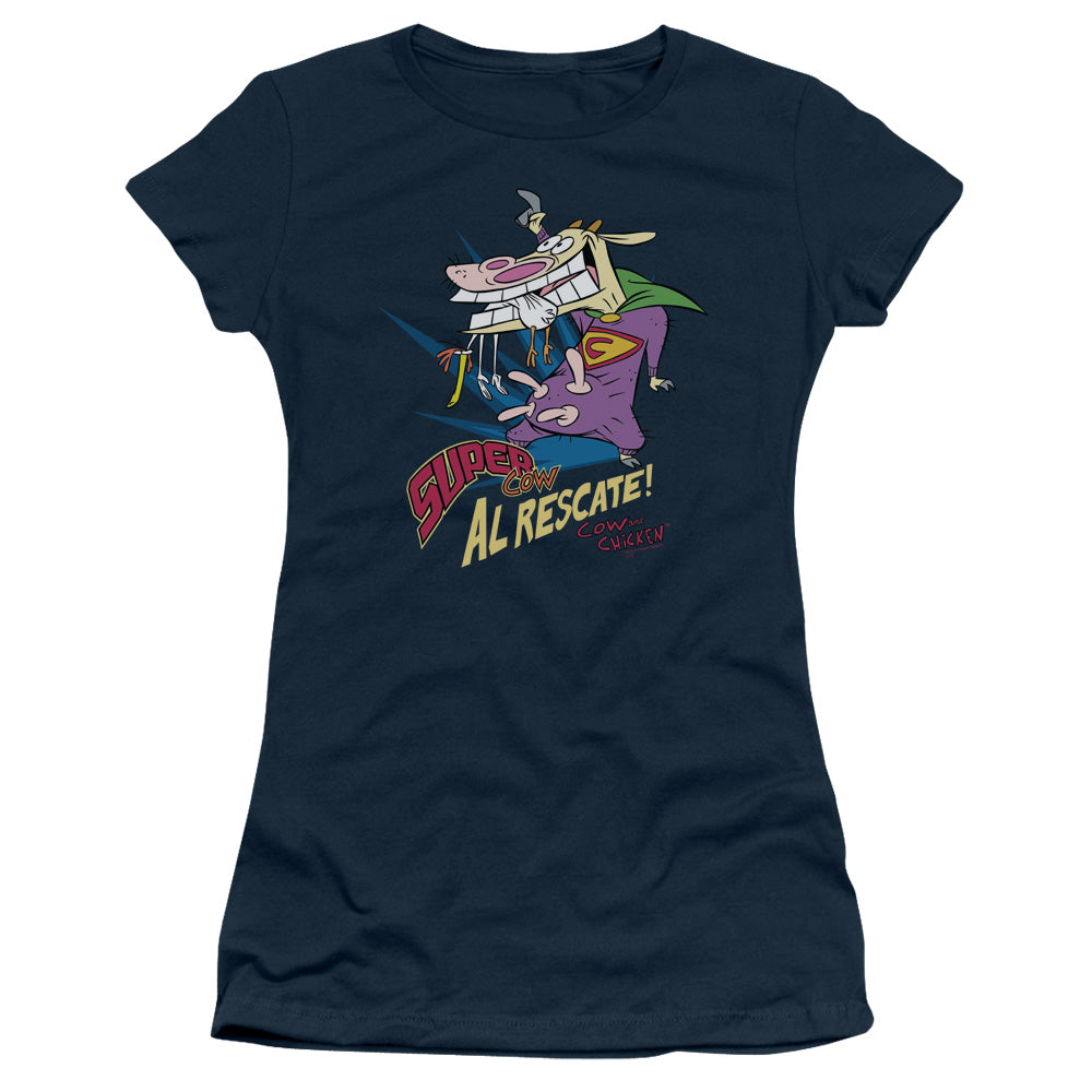 Cow & Chicken Super Cow Junior Sheer Cap Sleeve Womens T Shirt Navy Blue