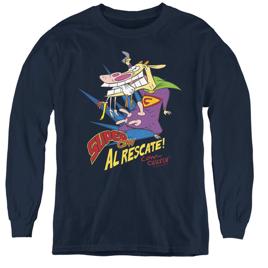 Cow & Chicken Super Cow Long Sleeve Kids Youth T Shirt Navy Blue