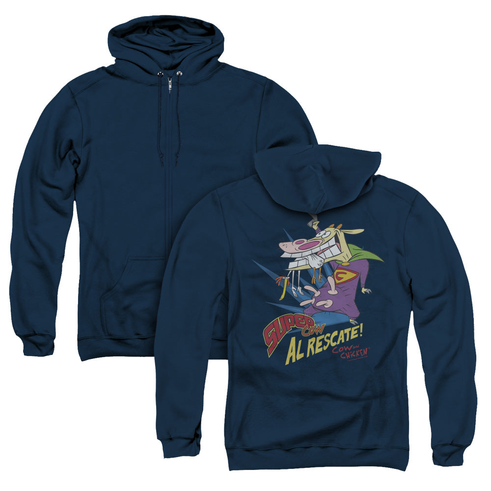 Cow & Chicken Super Cow Back Print Zipper Mens Hoodie Navy Blue