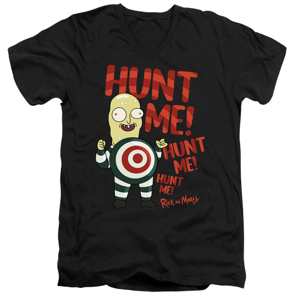 Rick And Morty Hunt Me Mens Slim Fit V-Neck T Shirt Black Officially Licensed
