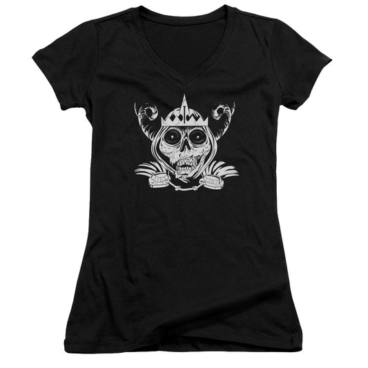 Adventure Time Skull Face Junior Sheer Cap Sleeve V Neck Womens T Shirt Black