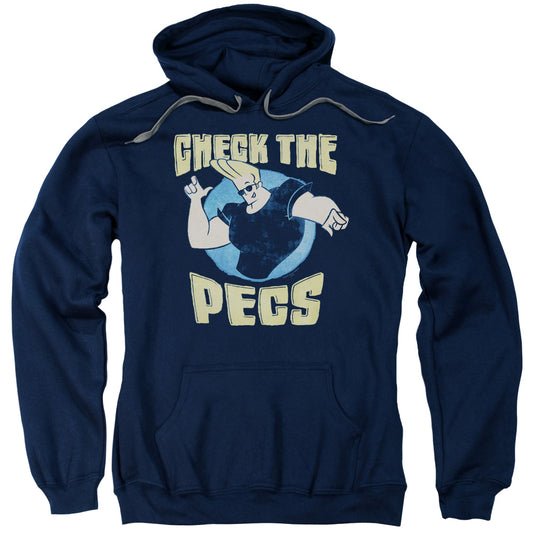 Johnny Bravo Check the Pects Mens Hoodie Navy Blue