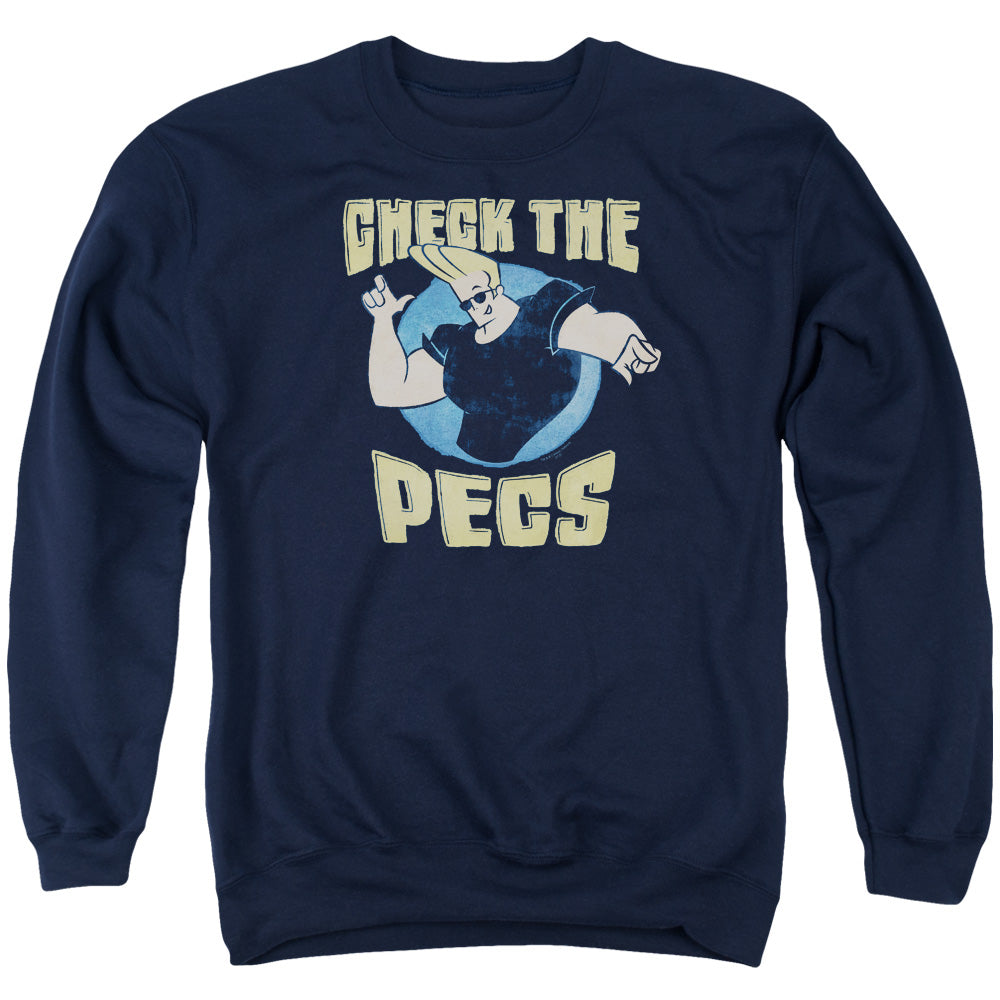 Johnny Bravo Check the Pects Mens Crewneck Sweatshirt Navy Blue