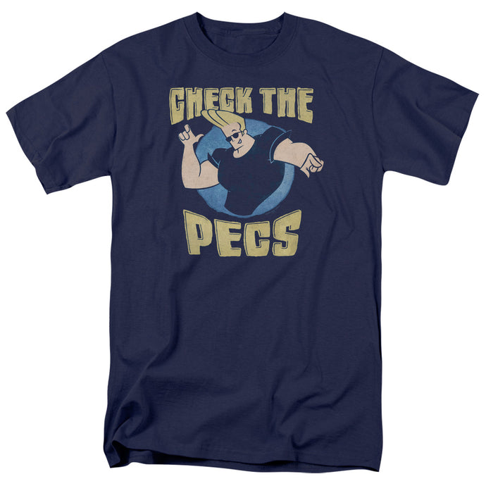Johnny Bravo Check the Pects Mens T Shirt Navy Blue