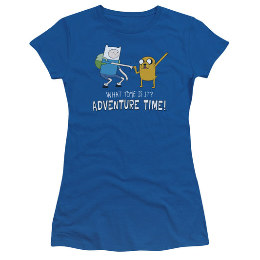 Adventure Time Fist Bump Junior Sheer Cap Sleeve Womens T Shirt Royal Blue