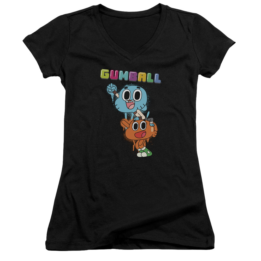 Amazing World of Gumball Gumball Spray Junior Sheer Cap Sleeve V Neck Womens T Shirt Black