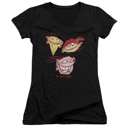 Ed Edd N Eddy Three Heads Junior Sheer Cap Sleeve V Neck Womens T Shirt Black