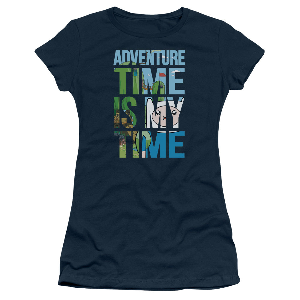 Adventure Time My Time Junior Sheer Cap Sleeve Womens T Shirt Navy Blue