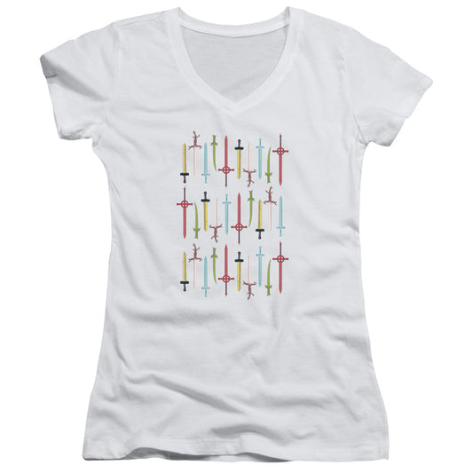 Adventure Time Swords Junior Sheer Cap Sleeve V Neck Womens T Shirt White