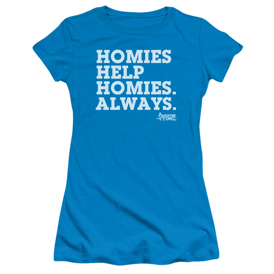 Adventure Time Homies Help Homies Junior Sheer Cap Sleeve Womens T Shirt Turquoise