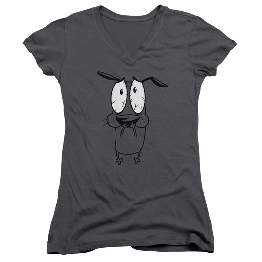 Courage the Cowardly Dog Scared Junior Sheer Cap Sleeve V Neck Womens T Shirt Charcoal