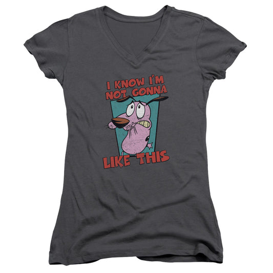 Courage the Cowardly Dog Not Gonna Like Junior Sheer Cap Sleeve V Neck Womens T Shirt Charcoal