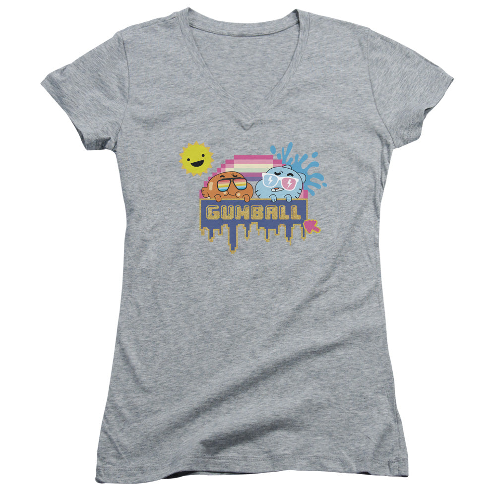 Amazing World of Gumball Sunshine Junior Sheer Cap Sleeve V Neck Womens T Shirt Athletic Heather