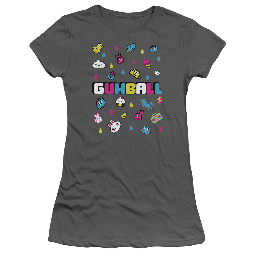 Amazing World of Gumball Fun Drops Junior Sheer Cap Sleeve Womens T Shirt Charcoal