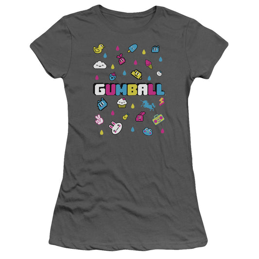 Amazing World of Gumball Fun Drops Junior Sheer Cap Sleeve Womens T Shirt Charcoal