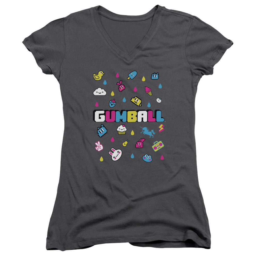 Amazing World of Gumball Fun Drops Junior Sheer Cap Sleeve V Neck Womens T Shirt Charcoal