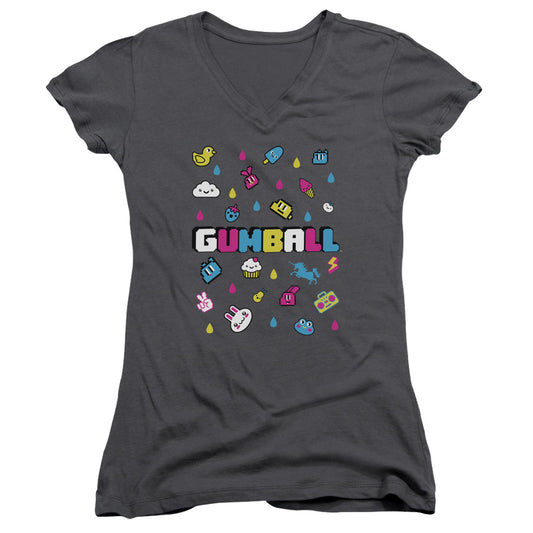 Amazing World of Gumball Fun Drops Junior Sheer Cap Sleeve V Neck Womens T Shirt Charcoal