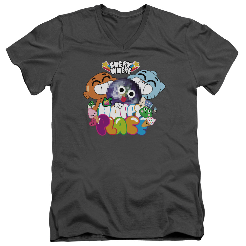 Amazing World of Gumball Happy Place Mens Slim Fit V Neck T Shirt Charcoal