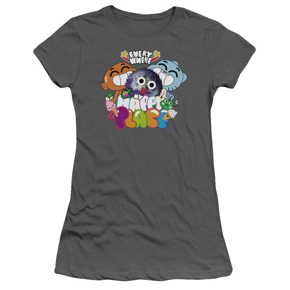 Amazing World of Gumball Happy Place Junior Sheer Cap Sleeve Womens T Shirt Charcoal