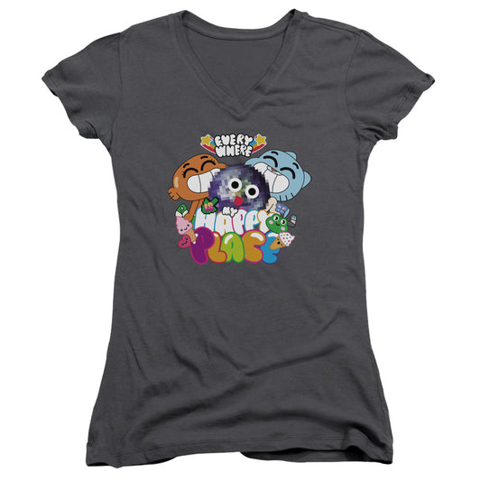 Amazing World of Gumball Happy Place Junior Sheer Cap Sleeve V Neck Womens T Shirt Charcoal