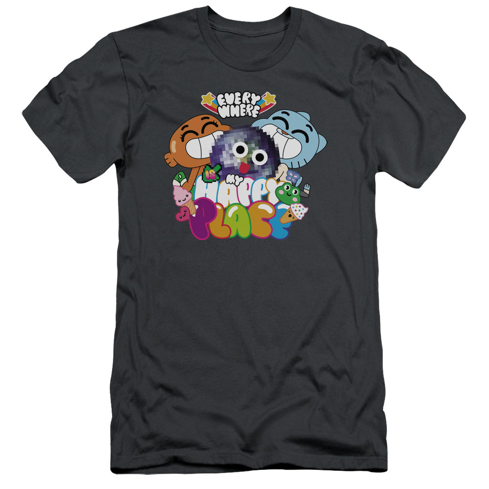 Amazing World of Gumball Happy Place Slim Fit Mens T Shirt Charcoal