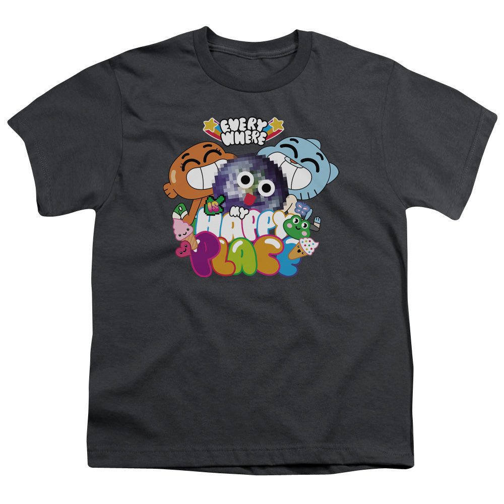 Amazing World of Gumball Happy Place Kids Youth T Shirt Charcoal